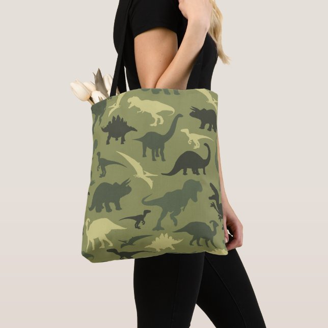 Dinosaur Pattern, Dinosaur Silhouette, Green Dino Tote Bag (Close Up)