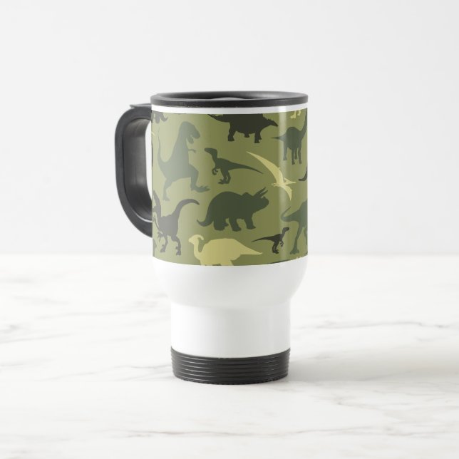 Dinosaur Pattern, Dinosaur Silhouette, Green Dino Travel Mug (Front Left)