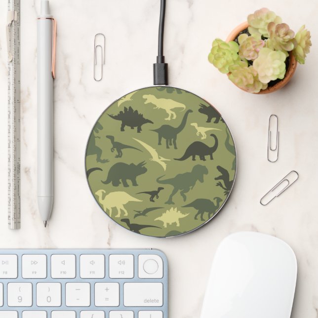 Dinosaur Pattern, Dinosaur Silhouette, Green Dino Wireless Charger (Desk)