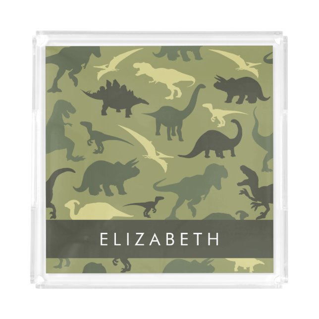 Dinosaur Pattern, Dinosaur Silhouette, Your Name Acrylic Tray (Front)