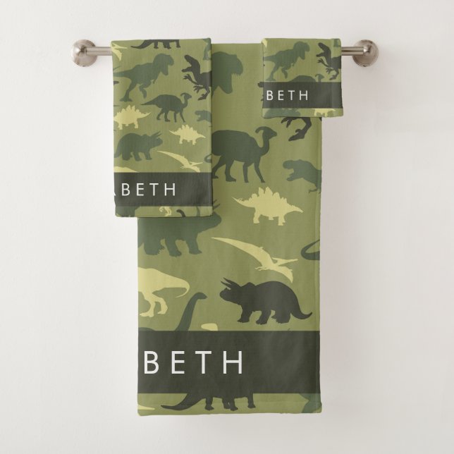 Dinosaur Pattern, Dinosaur Silhouette, Your Name Bath Towel Set (Insitu)