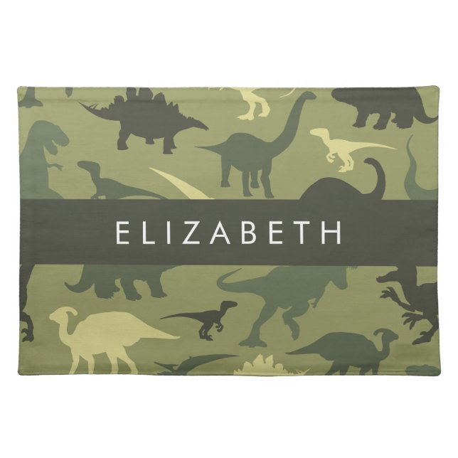 Dinosaur Pattern, Dinosaur Silhouette, Your Name Cloth Placemat (Front)