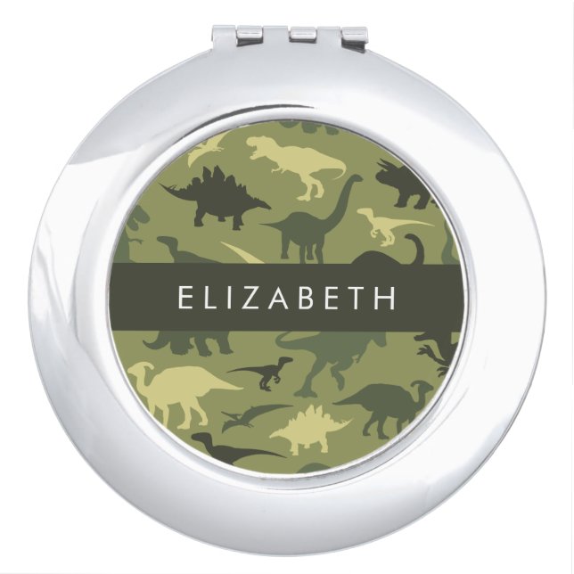 Dinosaur Pattern, Dinosaur Silhouette, Your Name Compact Mirror (Front)