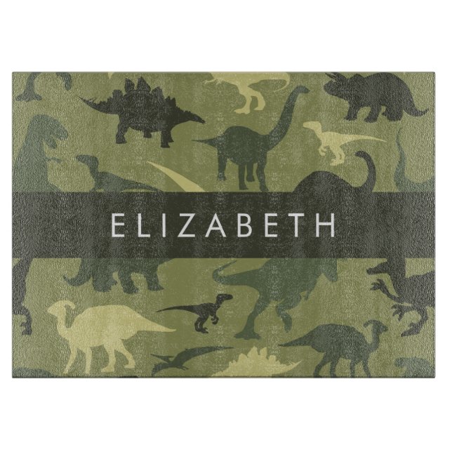 Dinosaur Pattern, Dinosaur Silhouette, Your Name Cutting Board (Front)