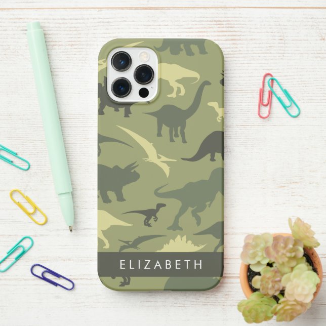 Dinosaur Pattern, Dinosaur Silhouette, Your Name iPhone Case (On Desk)