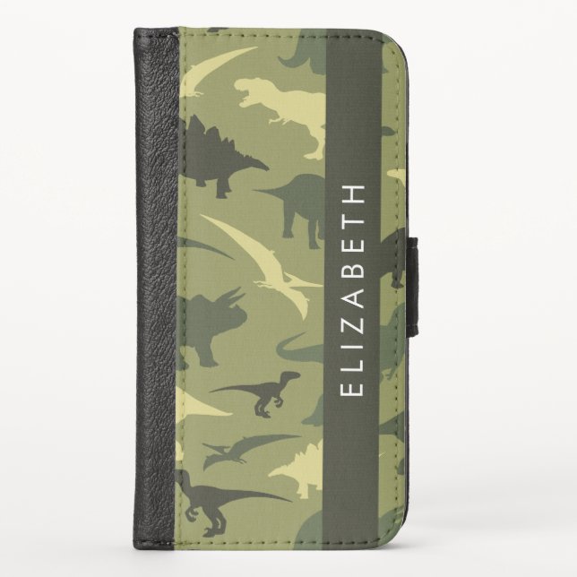 Dinosaur Pattern, Dinosaur Silhouette, Your Name iPhone Wallet Case (Front)