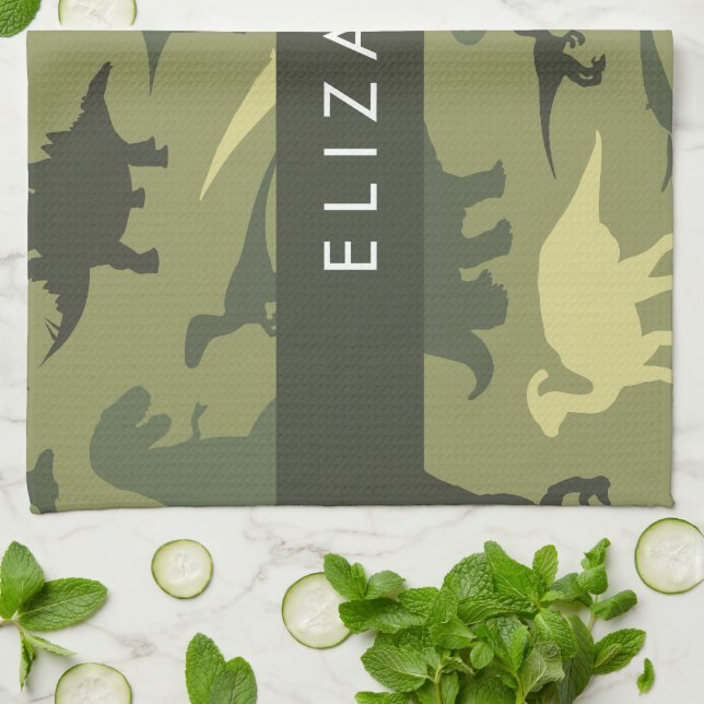 Dinosaur Pattern, Dinosaur Silhouette, Your Name Kitchen Towel (Folded)