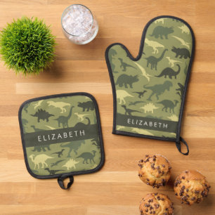 Dinosaur Pattern, Dinosaur Silhouette, Your Name Oven Mitt & Pot Holder Set