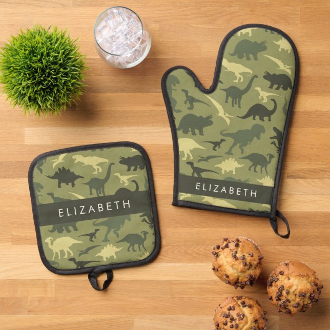 Dinosaur Pattern, Dinosaur Silhouette, Your Name Oven Mitt & Pot Holder Set (Top Down)
