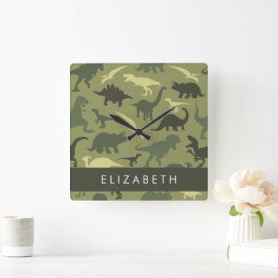 Dinosaur Pattern, Dinosaur Silhouette, Your Name Square Wall Clock
