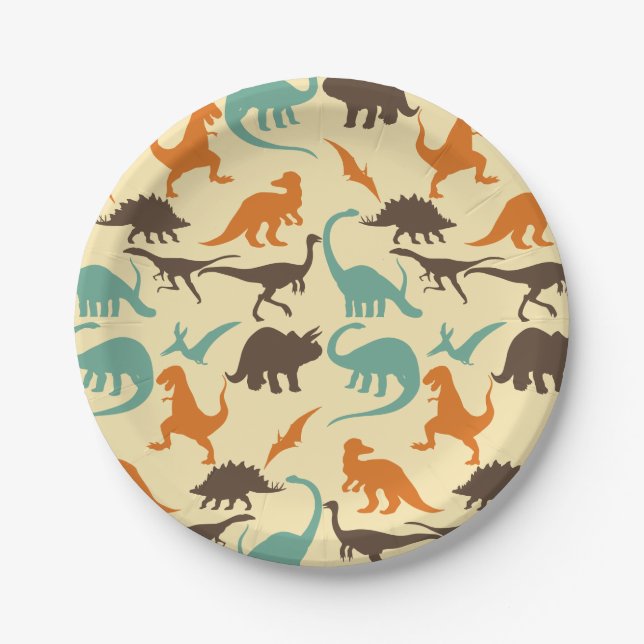 Dinosaur Pattern Silhouette Paper Plates (Front)