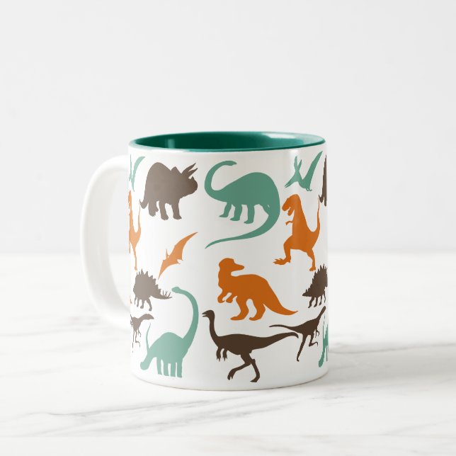 Dinosaur Pattern Silhouette Two-Tone Coffee Mug (Front Left)