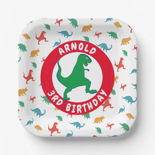 Dinosaur Pattern T-Rex Boy 3rd Birthday Party Paper Plates (Front)
