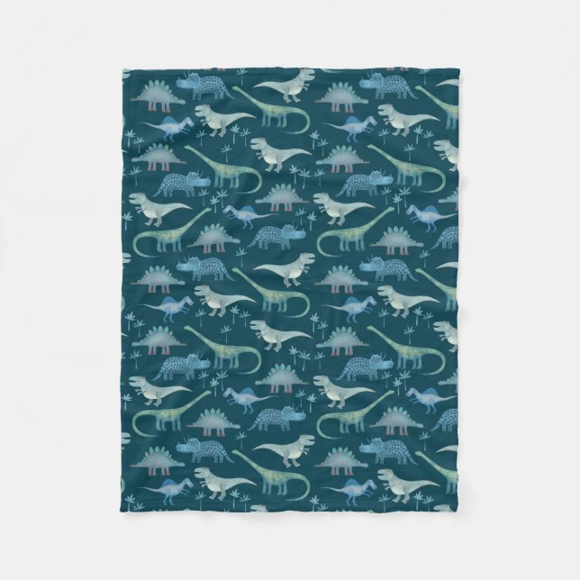 Dinosaur Pattern Teal Green Fleece Blanket (Front)