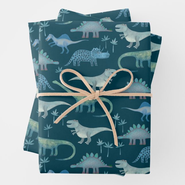 Dinosaur Pattern Teal Wrapping Paper Sheets (In situ)
