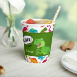 Dinosaur Pattern with Name T-Rex Birthday Party Paper Cups<br><div class="desc">Does your little boy or girl love dinosaurs? This birthday party paper cup set is perfect! Each paper cup has a T-Rex saying RAWR, dinosaur footprints and your little kid's name on white, a green background, and a fun colorful dino pattern. This custom set makes a great personalized addition to...</div>