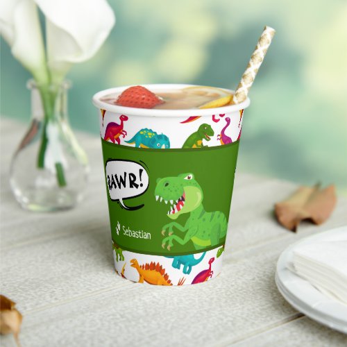 Dinosaur Pattern with Name T_Rex Birthday Party Paper Cups