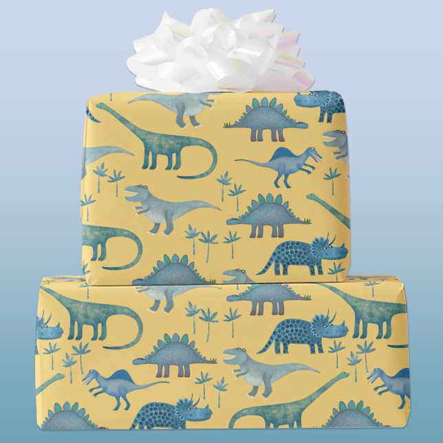 Dinosaur Pattern Yellow Wrapping Paper (Cute and fun dinosaur pattern gift wrapping paper roll)