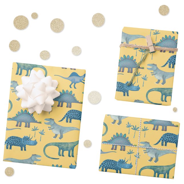 Dinosaur Pattern Yellow Wrapping Paper Sheets (Yellow dinosaur pattern gift wrapping paper sheets)