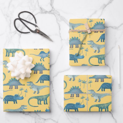 Dinosaur Pattern Yellow Wrapping Paper Sheets