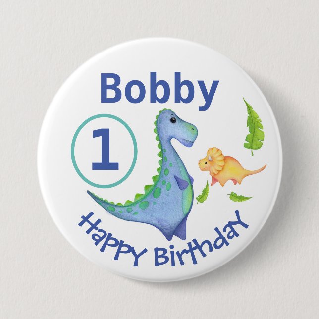 Dinosaur Personalize 1st Birthday Little Boy's Button (Front)