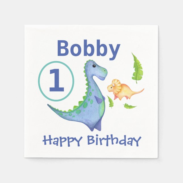 Dinosaur Personalize 1st Birthday Little Boy's Napkins (Front)