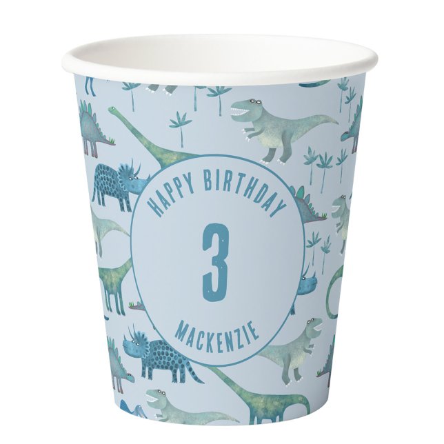 Dinosaur Personalized Age Kids Birthday Party Paper Cups (Fun personalized name and age dinosaur themed kids party paper cup)