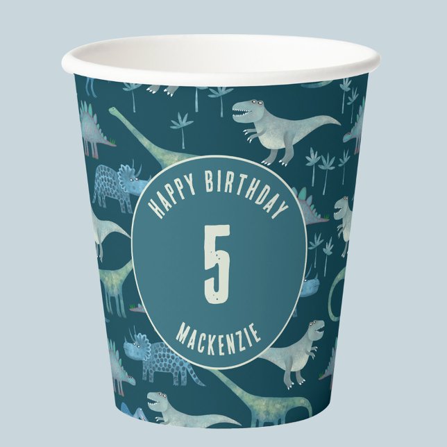 Dinosaur Personalized Age Kids Birthday Party Paper Cups (Fun dinosaur personalized name and age kids birthday party paper cup)