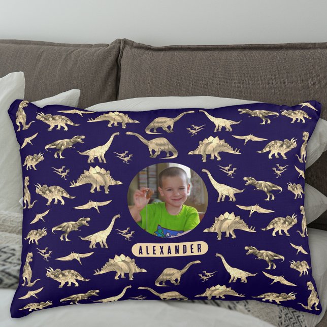 Dinosaur Personalized Boys Photo and Name Accent Pillow (Dinosaur pattern personalized name and photo boys brown and navy blue pillow T-Rex velociraptor dino)