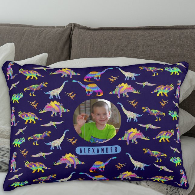Dinosaur Personalized Boys Photo and Name Accent Pillow (Colorful dinosaur pattern personalized boys name and photo navy blue pillow T-Rex Velociraptor dinos)