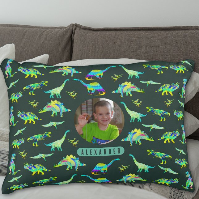 Dinosaur Personalized Boys Photo and Name Accent Pillow (Colorful dinosaur pattern personalized name and photo boys green pillow T-Rex velociraptor dinos)