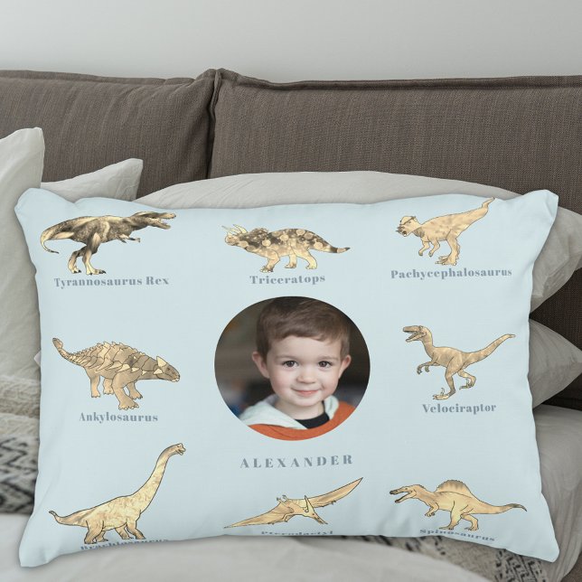 Dinosaur Personalized Boys Photo and Name Blue Accent Pillow (Dinosaur boys personalized name and photo blue pillow with dinosaurs with their names Educational )