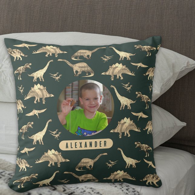 Dinosaur Personalized Boys Photo and Name Throw Pillow (Dinosaur pattern personalized name and photo boys brown & dark green pillow T-Rex velociraptor dinos)