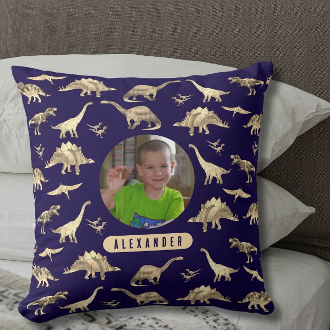 Dinosaur Personalized Boys Photo and Name Throw Pillow (Dinosaur pattern personalized name and photo navy blue pillow T-Rex velociraptor stegosaurus dinos)