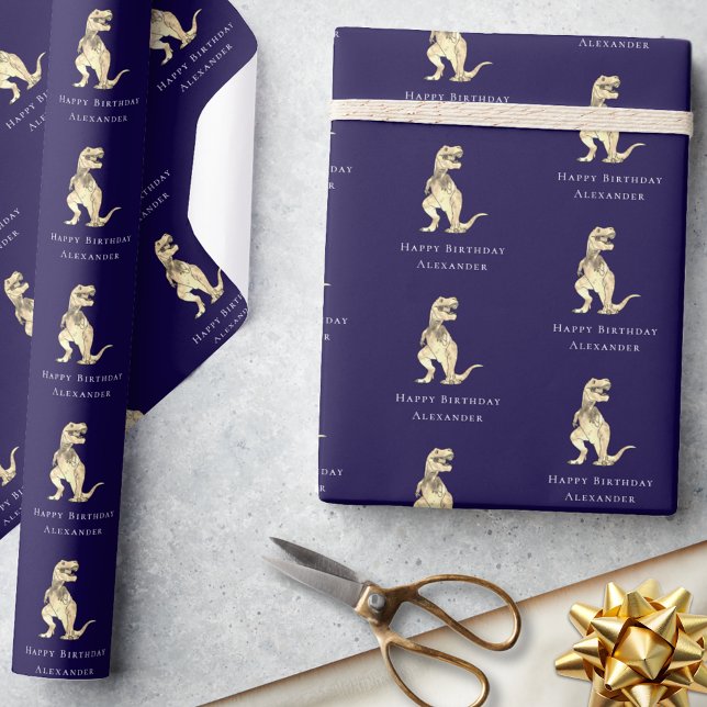 Dinosaur Personalized Happy Birthday Navy Blue Wrapping Paper (Personalized boys name dinosaur happy birthday navy blue gift wrapping paper Jurassic T-Rex dino)