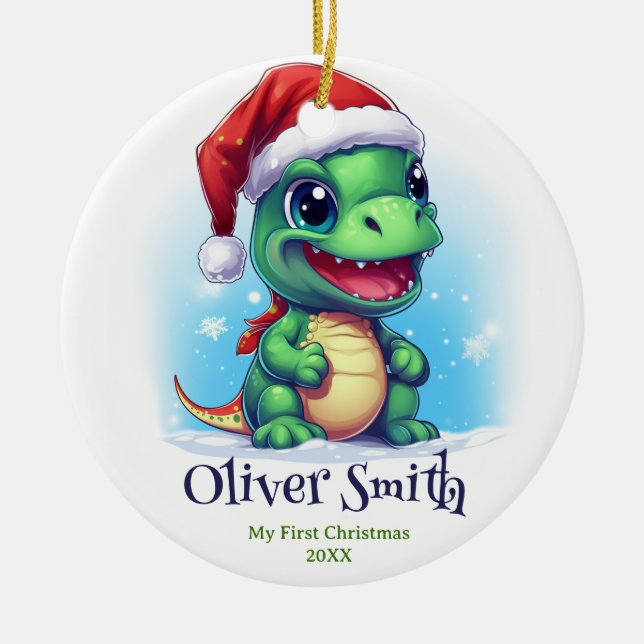 Dinosaur Personalized Name First Christmas Ceramic Ornament (Front)