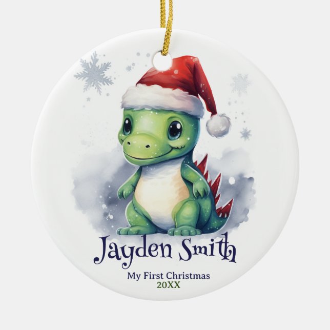 Dinosaur Personalized Name First Christmas Ceramic Ornament (Front)