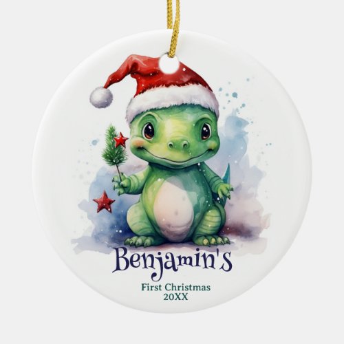 Dinosaur Personalized Name First Christmas Ceramic Ornament