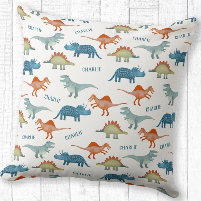 Dinosaur Personalized Name Throw Pillow (Fun and unique personalized child's name dinosaur pillow for nursery or kid's room)