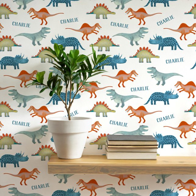 Dinosaur Personalized Name Wallpaper (Fun unique personalized dinosaur wallpaper with child's name for kid's room and nursery)