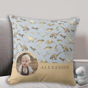 Dinosaur Personalized Photo and Name Blue Throw Pillow