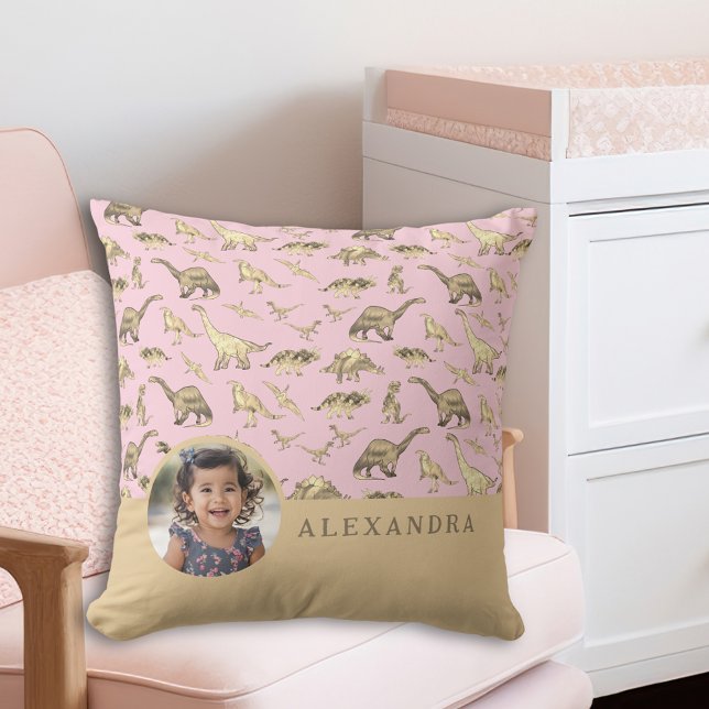 Dinosaur Personalized Photo and Name Pink Throw Pillow (Creator Uploaded)