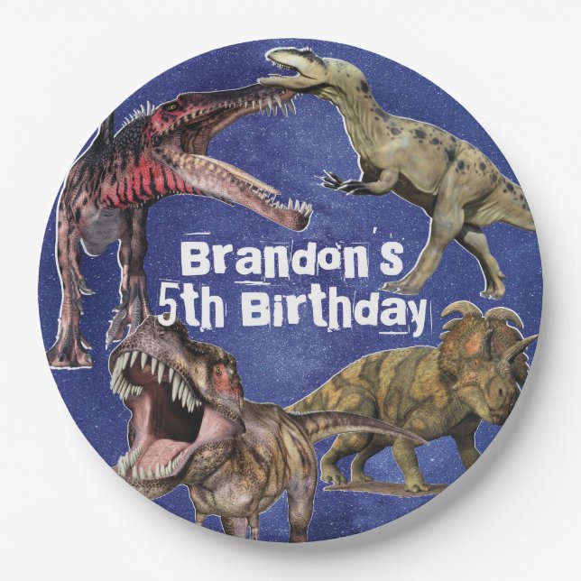 Dinosaur Personalized T-Rex Boys Birthday Party Paper Plates (Front)