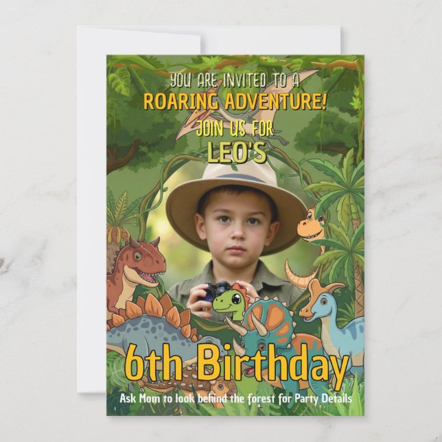 Dinosaur Photo 6th Birthday Invitation (Front)