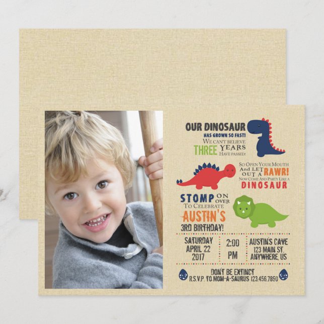 Dinosaur Photo Birthday Inviations Invitation (Front/Back)