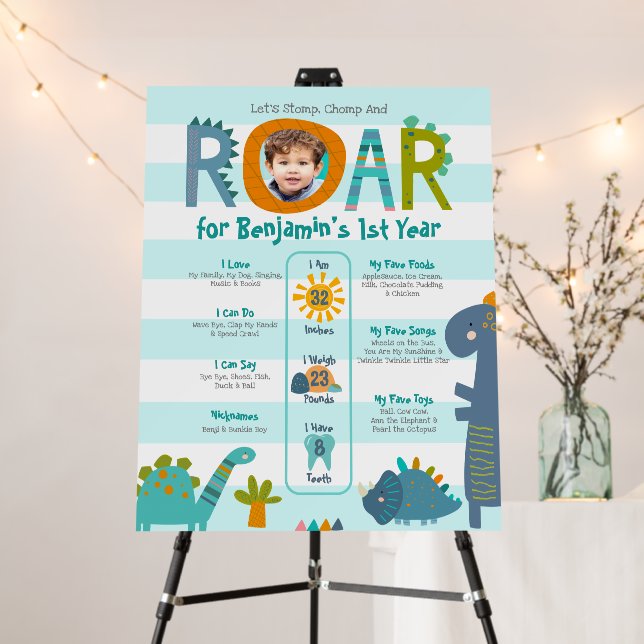 Dinosaur Photo Boy 1st Birthday Milestone Welcome Foam Board (In Situ (Stand))