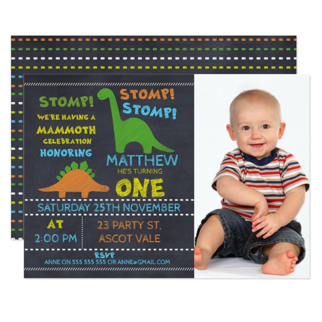 Dinosaur Photo Chalkboard 1st Birthday Invitation