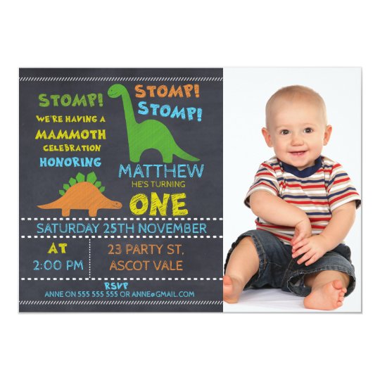 Dinosaur Photo Chalkboard 1st Birthday Invitation | Zazzle.com
