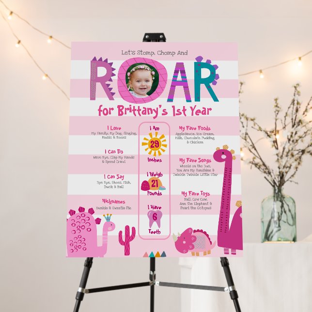 Dinosaur Photo Girl 1st Birthday Milestone Welcome Foam Board (In Situ (Stand))