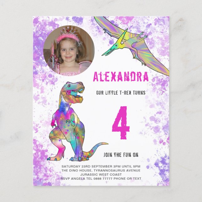 Dinosaur Pink Birthday Party Photo Budget Flyer (Front)